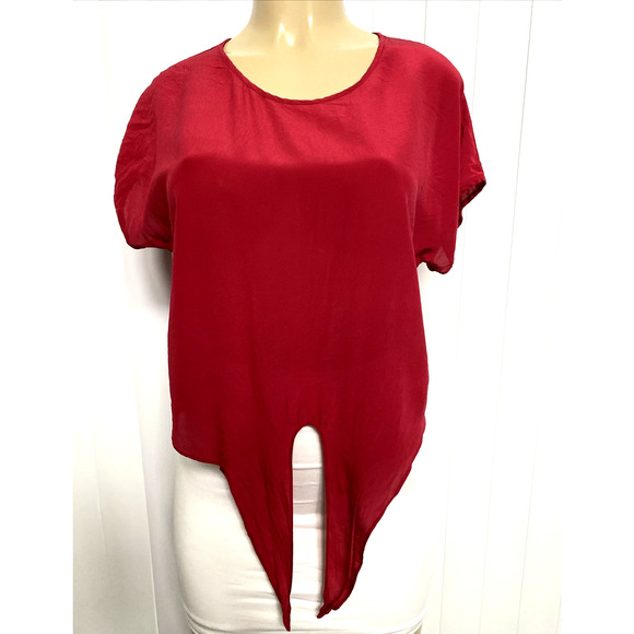 Celine Red Silk Top Blouse Front Tie Knot Round Neck Short Sleeve Italy S - Picture 5 of 8